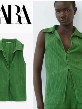 ZARA Green Pleated Sleeveless Collared Camisole